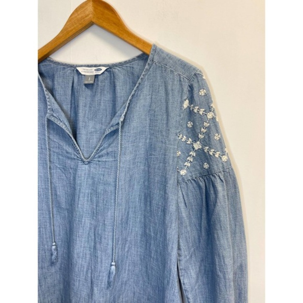 Old Navy Womens Size S Chambray Embroidered Tunic Top Balloon Sleeve Tassel Blue - Picture 6 of 8